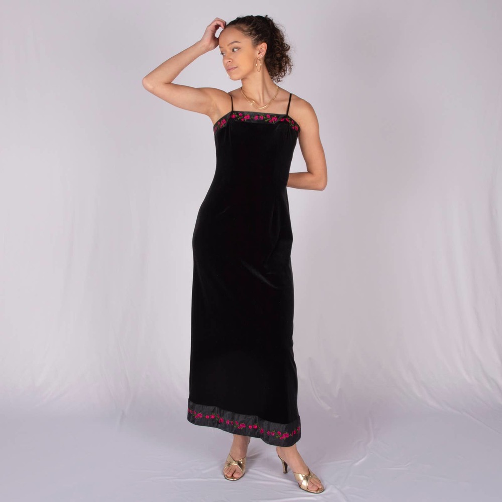 90s Velvet Maxi Dress With Rose Detailing